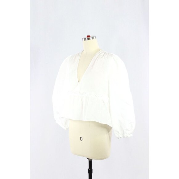 Aritzia SUNDAY BEST Jinx White Taffeta V-Neck Babydoll Peplum Blouse, Size M - Picture 4 of 13
